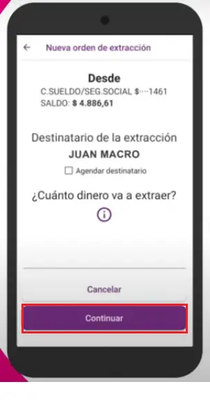 Cómo generar orden de extracción para otra persona por app Mi Macro para retirar dinero de cajero (Paso 3)
