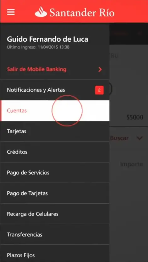 Ingresar a Cuentas en el menú principal de app Santander Argentina
