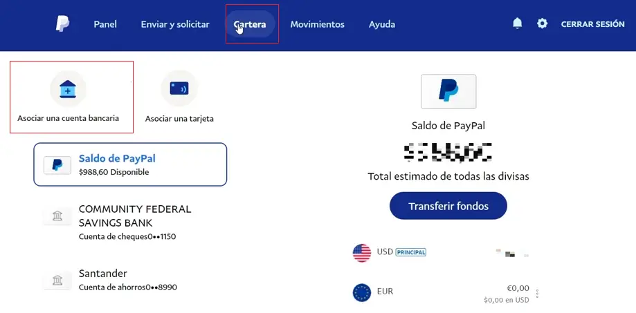 Asociar una cuenta bancaria en Paypal